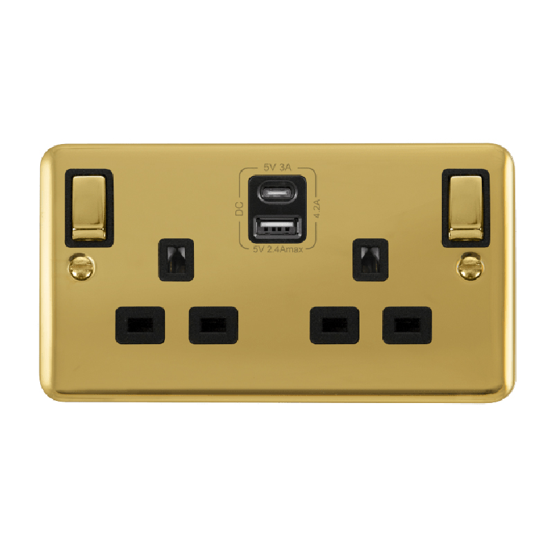 Click Deco Plus 13A Ingot 2G Switched Socket Outlet With Type A & C USB 4.2A Outlets Polished Brass Black Inserts