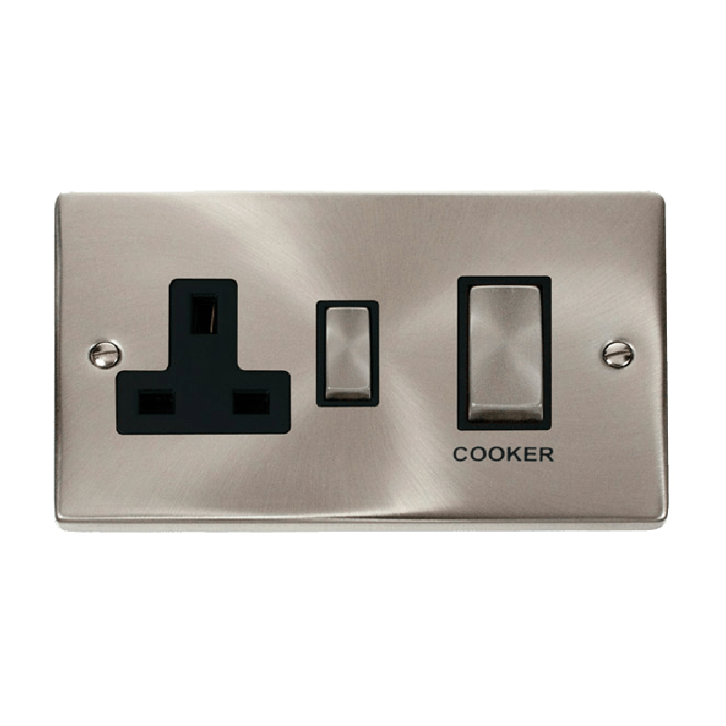 Click Deco 45A Ingot DP Switch with 13A Switched Socket Satin Chrome Insert Black