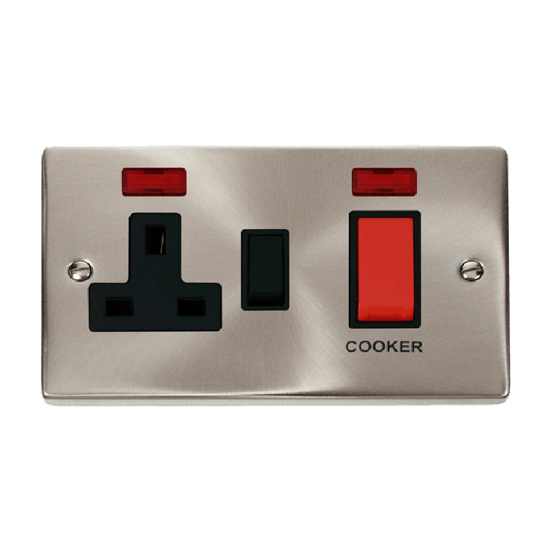 Click Deco 45A DP Switch with 13A Switched Socket and Neons Satin Chrome Insert Black