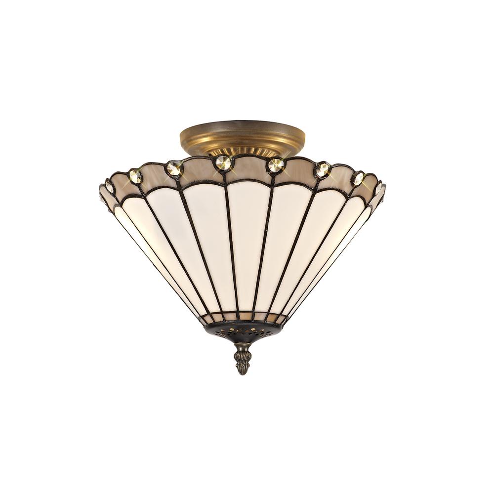 Luxuria Sleek 2 Light Semi Flush E27 With 30cm Tiffany Shade Grey/Cream/Crystal/Aged Antique Brass