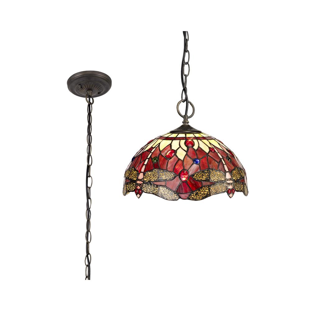 Luxuria Broadway 3 Light Downlighter Pendant E27 With 30cm Tiffany Shade Purple/Pink/Crystal/Aged Antique Brass