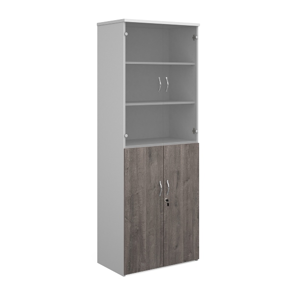 Duo Combination Unit with Glass Upper Doors 5 Shelves - Grey Oak and White