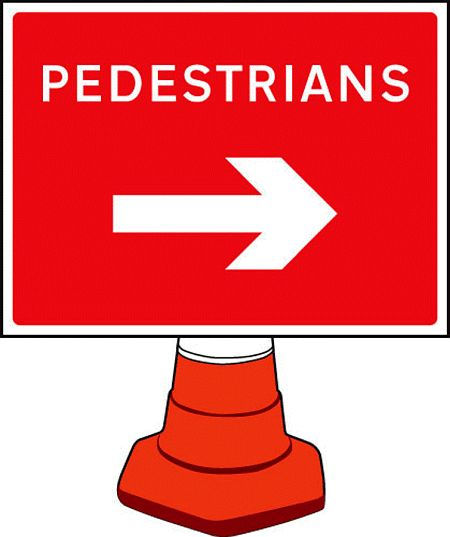 Pedestrians arrow right cone sign 600x450mm