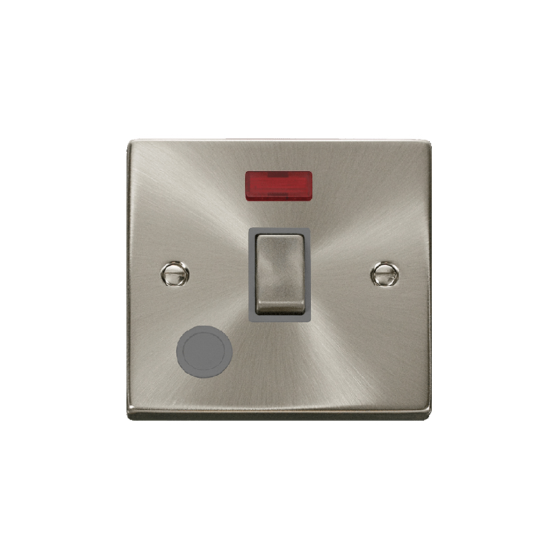 Click Deco 20A 1 Gang DP 'Ingot' Switch With Flex Outlet and Neon Satin Chrome Insert Grey