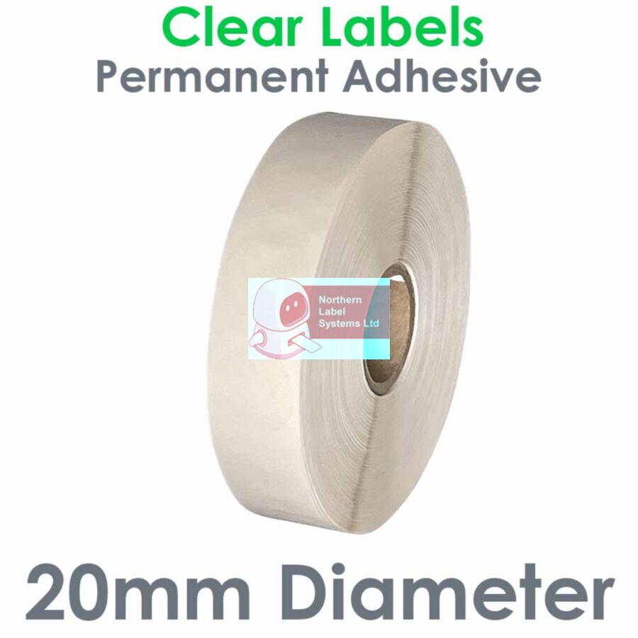 020DIACPNPC1-2500, 20mm Diameter Clear Polypropylene, Permanent Adhesive, 2,000 per roll, NO EGISTRATION LINE