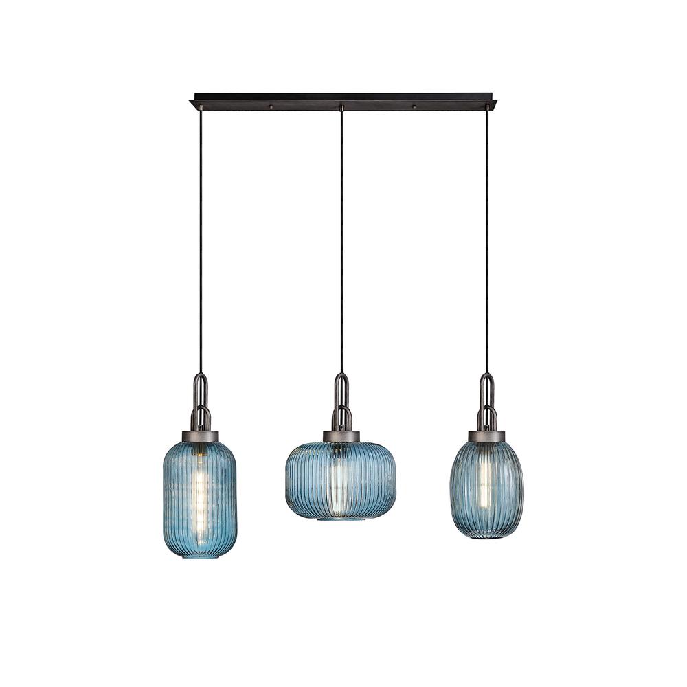 Luxuria Kennith Linear Pendant 3 Light E27 With Various Glasses Aged Pewter / Petrol Blue / Matt Black