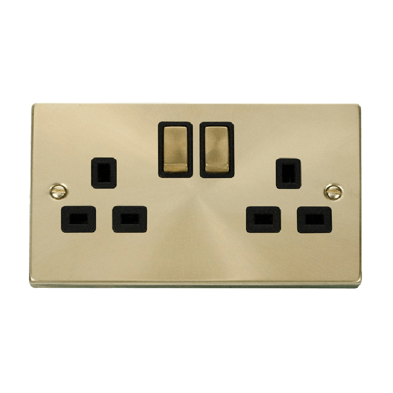 Click Deco 2 Gang 13A DP 'Ingot' Switched Socket Outlet (Twin Earth) Satin Brass Insert Black