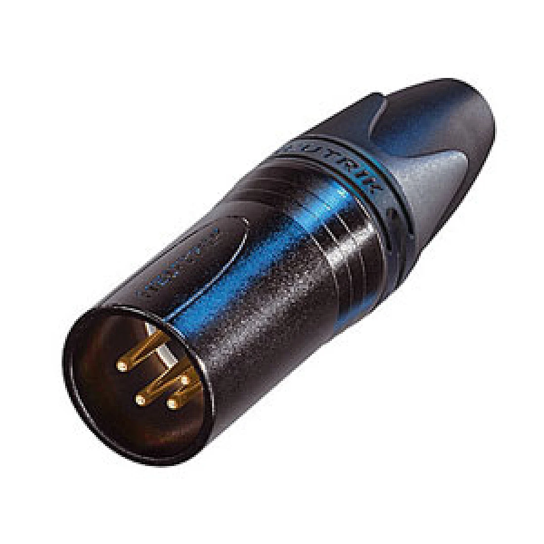 XLR Connector Neutrik 3 pole male cable connector with black metal housing and gold contacts.