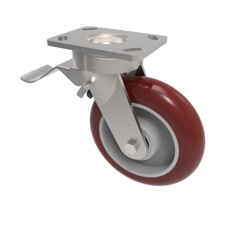 Ergonomic Polyurethane Plate Swivel Castor Brake 100mm 350kg Load