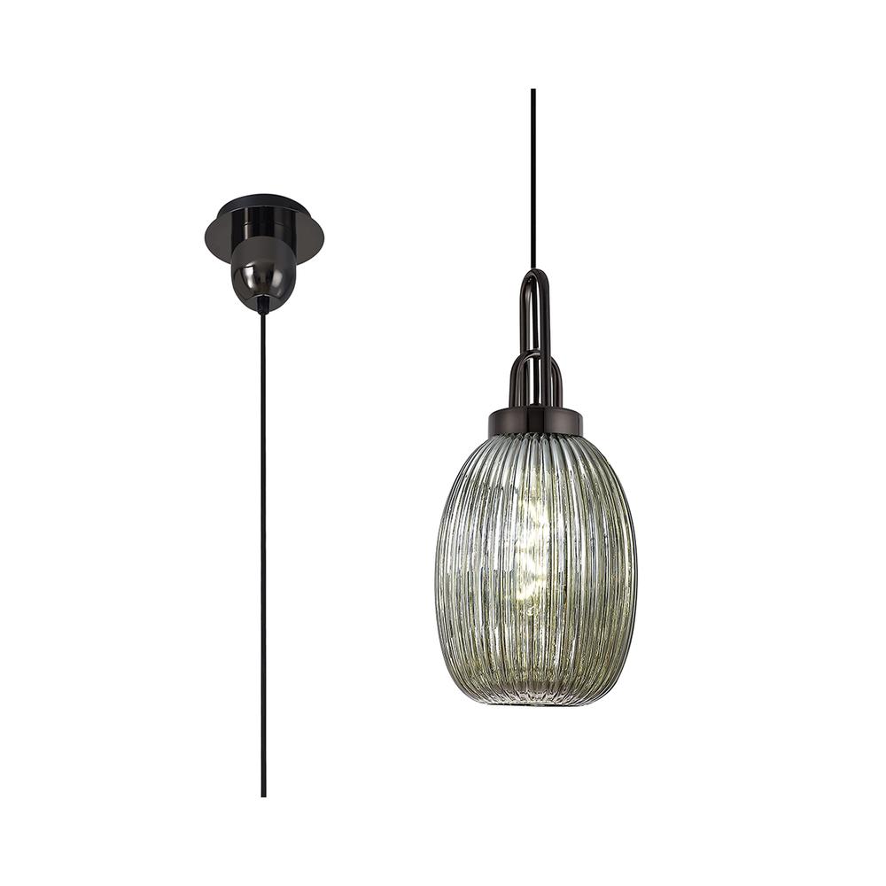 Luxuria Kennith Pendant Light E27 With 20cm Almond Ribbed Glass Smoked Black Chrome/Matt Black