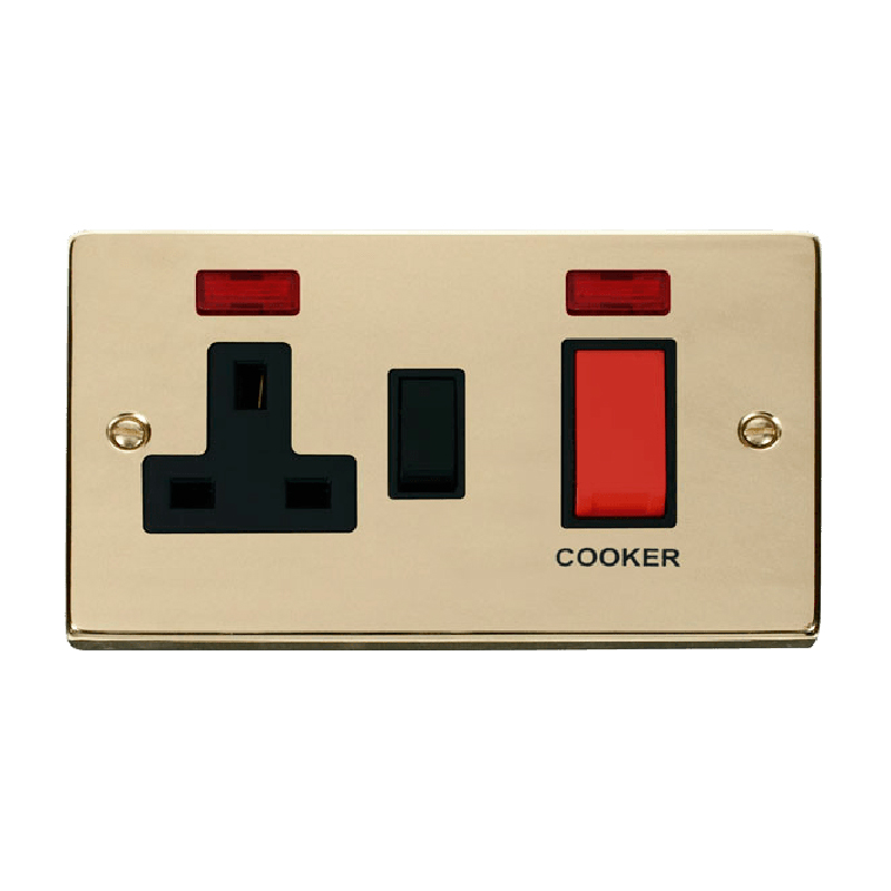 Click Deco 45A DP Switch with 13A Switched Socket and Neons Polished Brass Insert Black