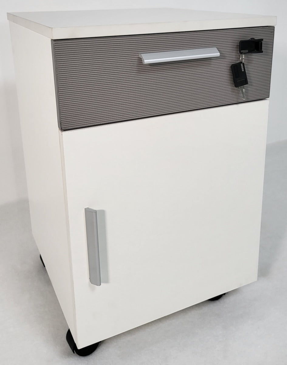 Specialising In White and Grey Stripe Mobile Pedestal - One Drawer and One Door - H0101 North Yourkshire