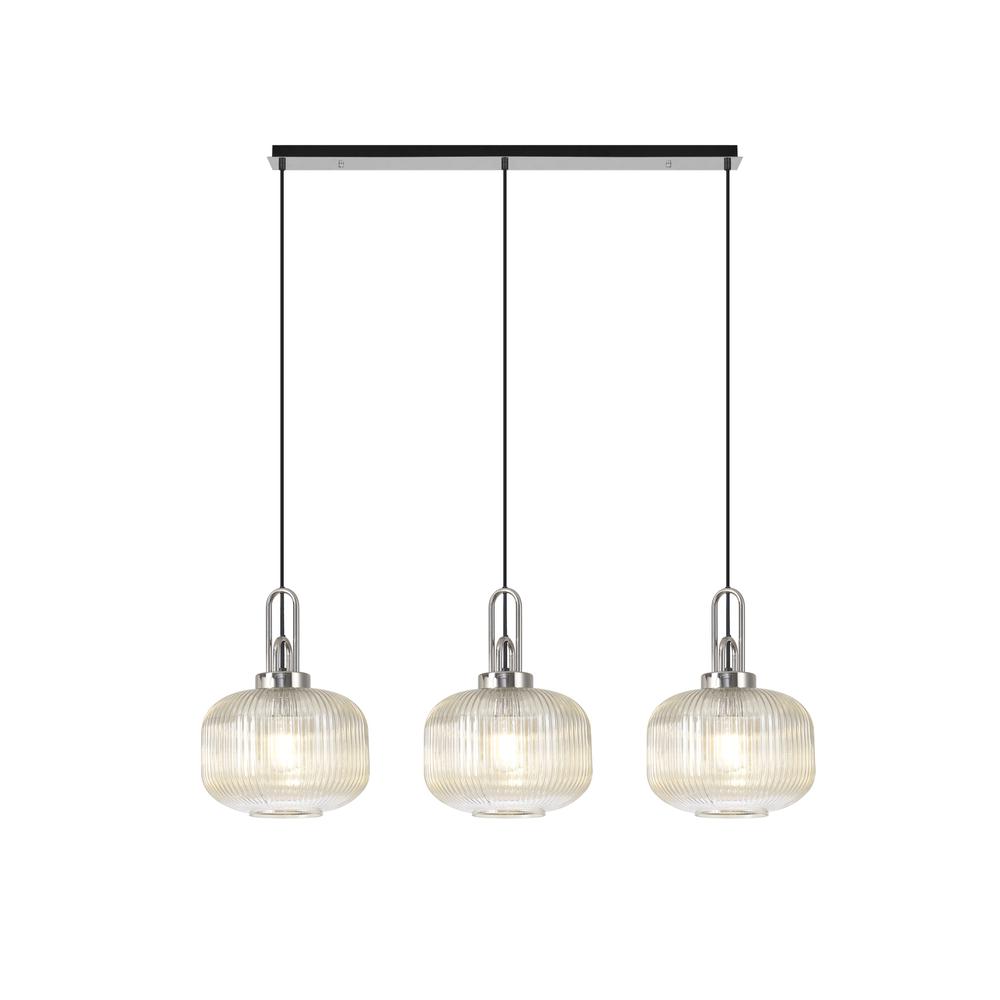 Luxuria Kennith Linear 3 Light Pendant E27 Polished Nickel/Matt Black With 30cm Pumpkin Shaped Ribbed Champagne Glass