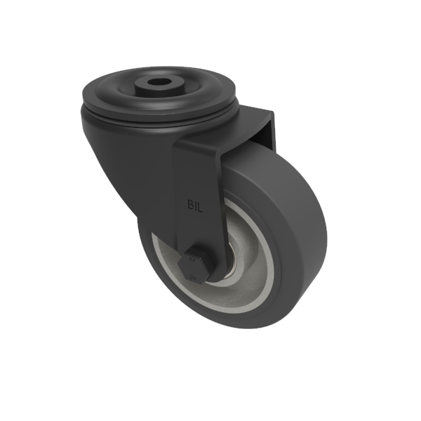 Black Elastic Rubber 65ShoreA Bolthole Swivel Castor 100mm 200kg Load