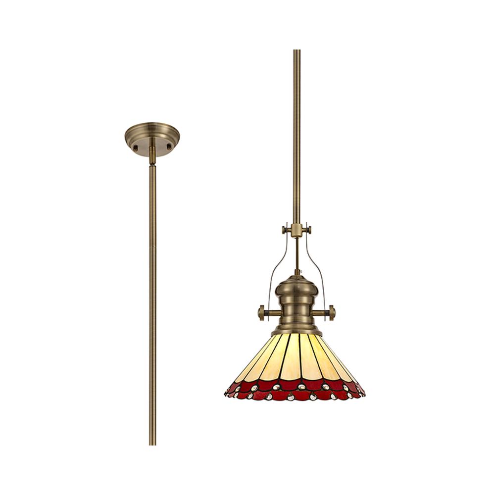 Luxuria Sleek Pendant Light E27 With 30cm Tiffany Shade Antique Brass/Red/Cream/Crystal