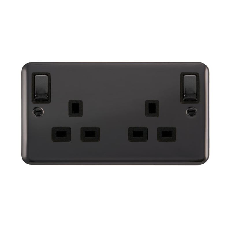 Click Deco Plus 13A Ingot 2G DP Switched Socket Outlet With Outboard Rockers Black Nickel Black Inserts