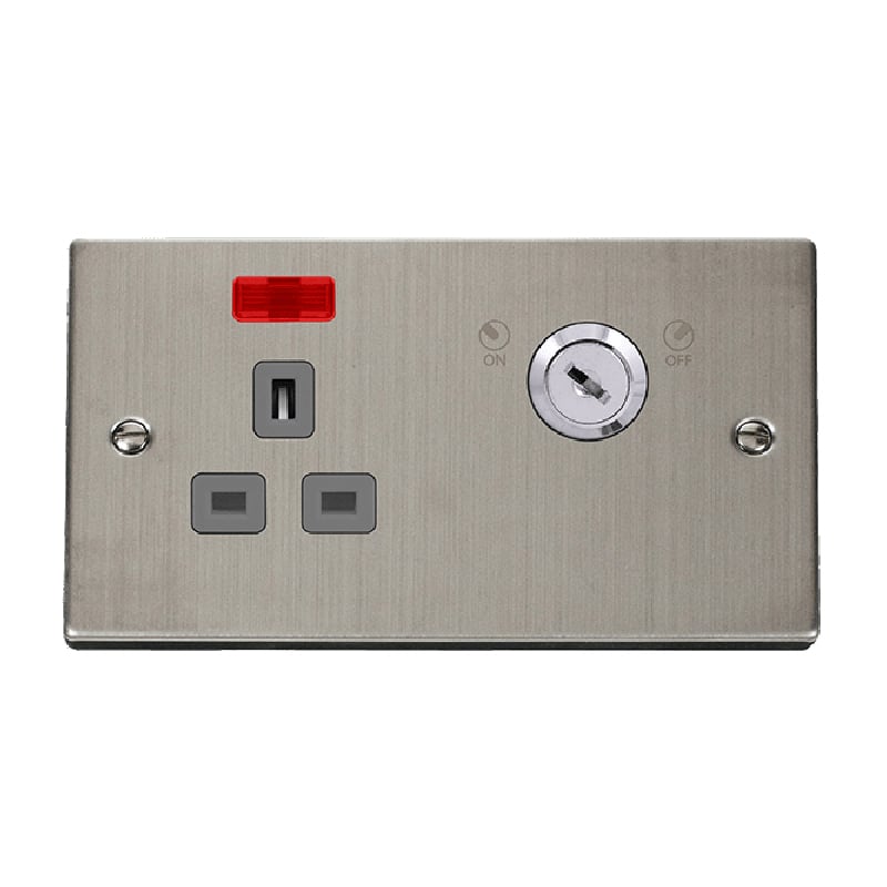 Click Deco 13A 1G Double Pole Key Lockable Socket with Neon Stainless Steel Insert Grey