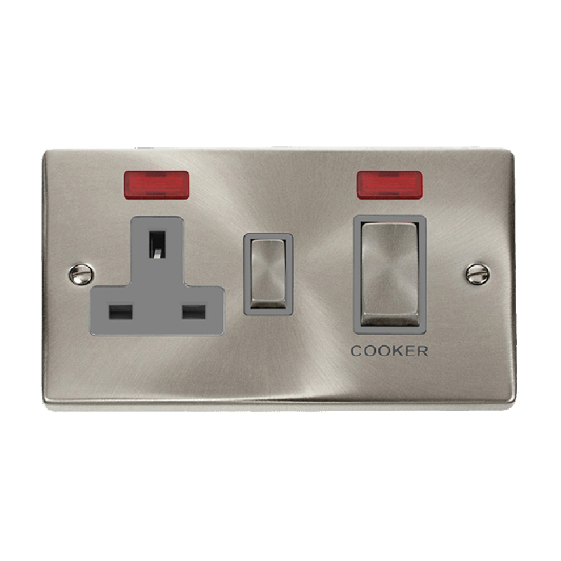 Click Deco 45A Ingot DP Switch with 13A Switched Socket and Neons Satin Chrome Insert Grey