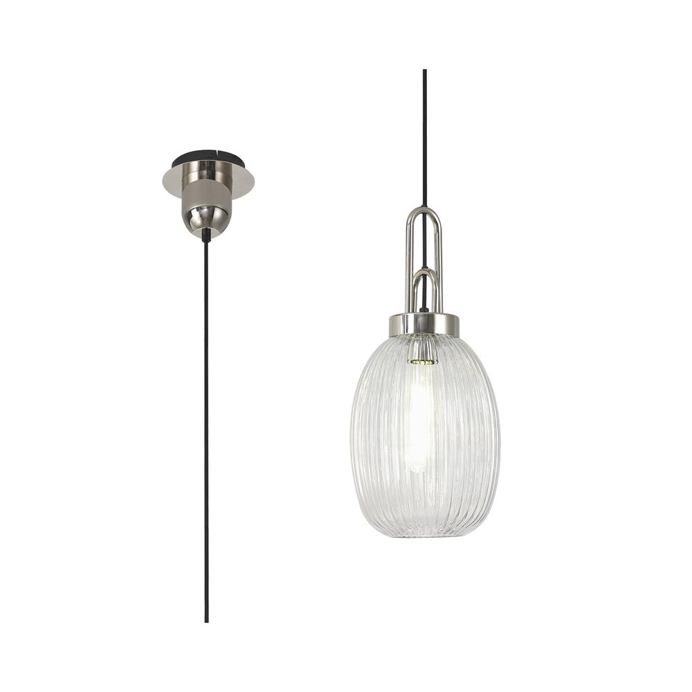 Luxuria Kennith Pendant Light E27 With 20cm Almond Ribbed Glass Clear Polished Nickel/Matt Black