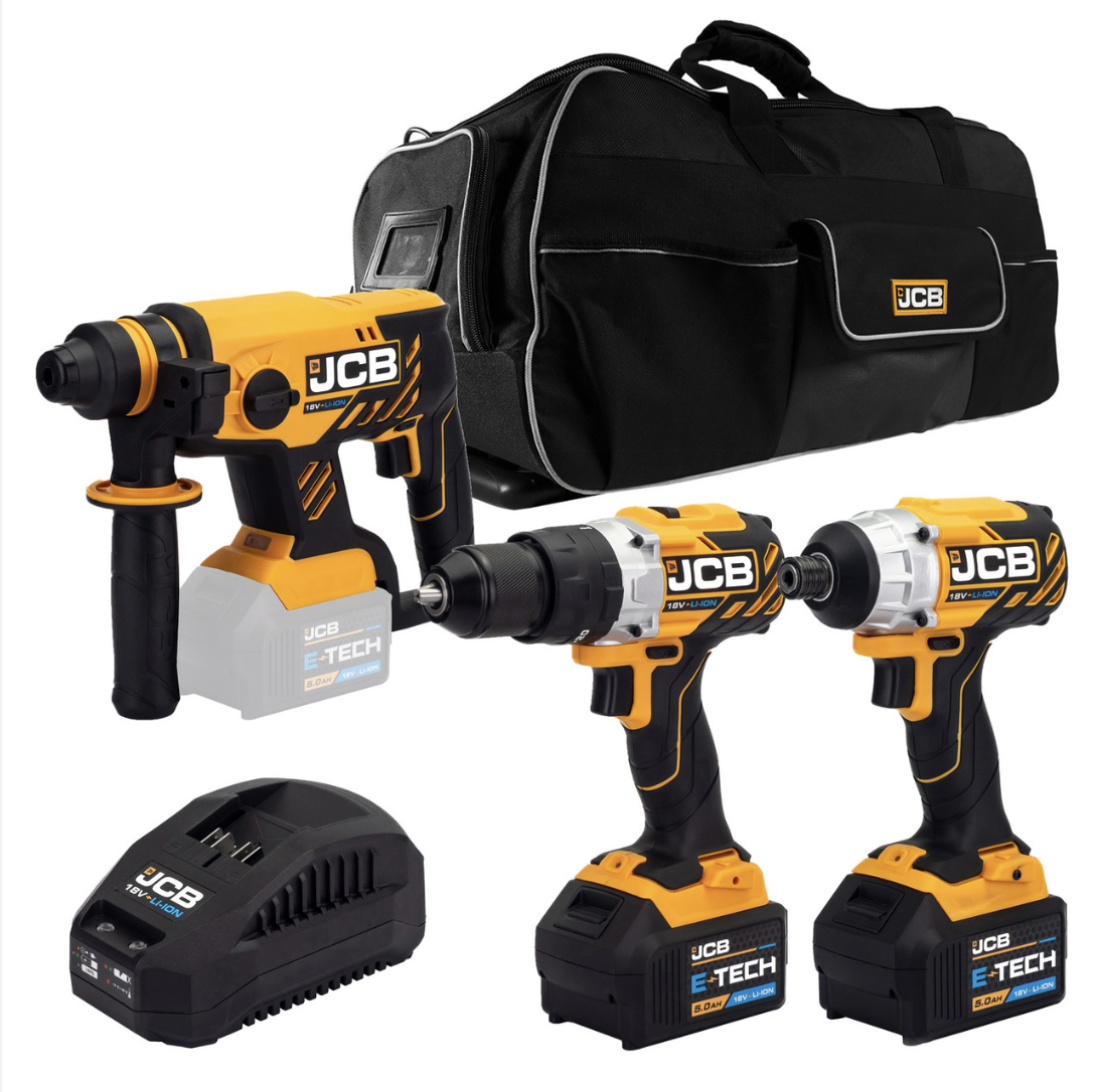 JCB 18V Brushless Combi Drill, Impact Driver & Hammer Drill Kit, 2 x 5Ah Li-Ion Batteries, Charger and 26” Kit Bag