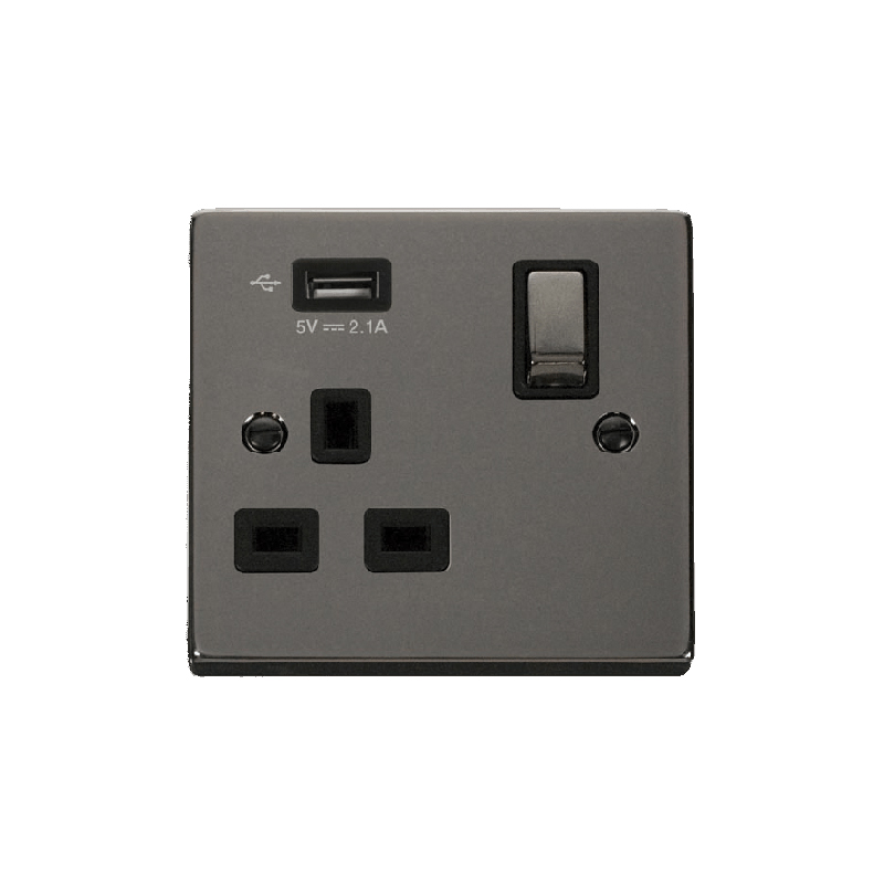 Click Deco 13A Ingot 1G Switched Socket With Single 2.1A USB Outlet Black Nickel Insert Black