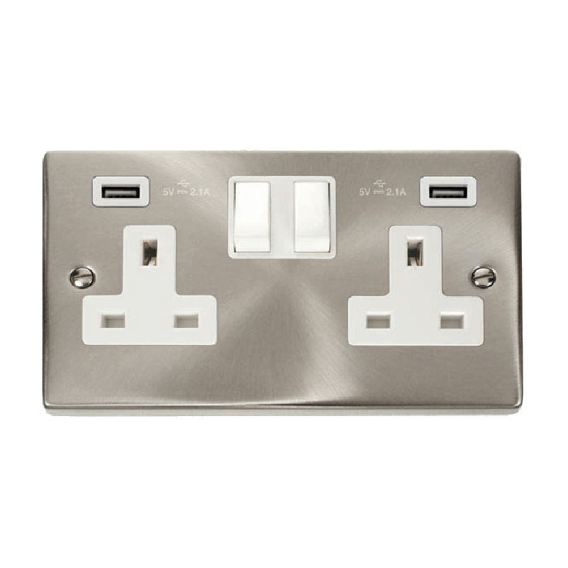 Click Deco 13A 2G Switched Socket with Twin 2.1A USB Outlets Satin Chrome Insert White