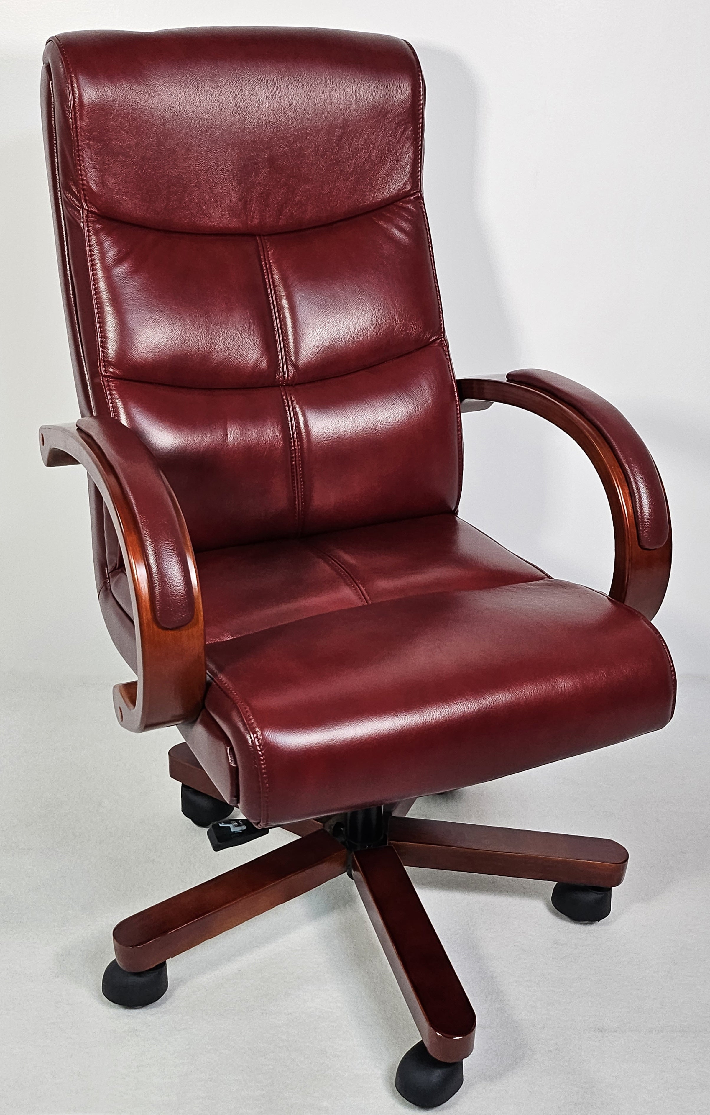 Suppliers Of Genuine Burgundy Leather Executive Office Chair with Curved Walnut Arms - H-073 UK