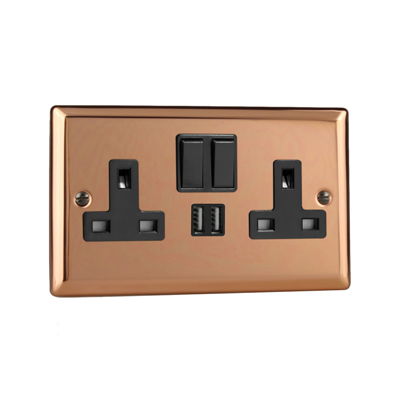 Varilight Urban 2G 13A SP Switched Socket with USB Charging Ports Polished Copper (Standard Plate)
