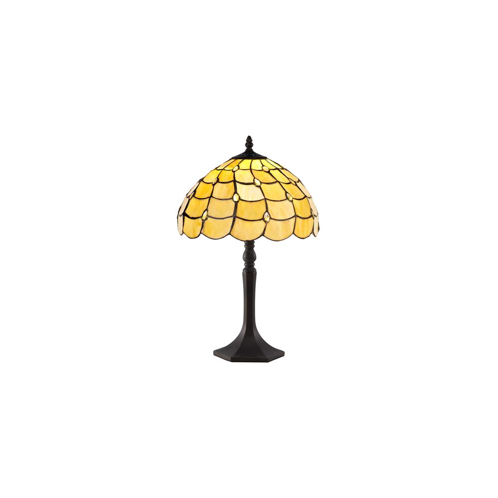 Luxuria Luna 1 Light Octagonal Table Lamp E27 With 30cm Tiffany Shade Beige/Clear Crystal/Aged Antique Brass