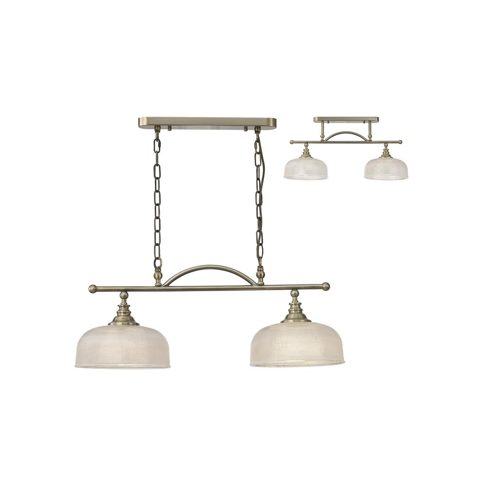 Luxuria Toussenel Semi Flush/Pendant Bar 2 Light Adjustable E27 Antique Brass/Prismatic Glass