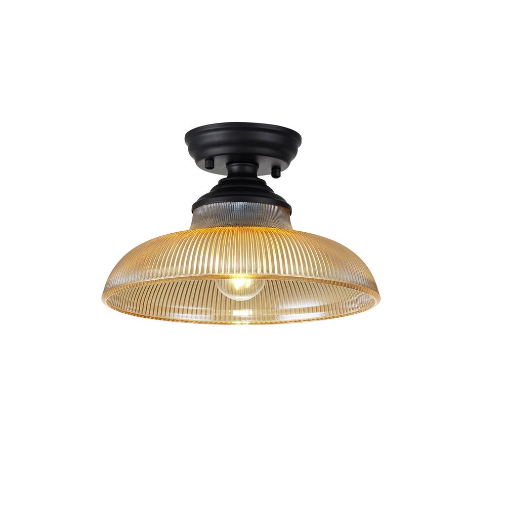 Luxuria Sirius Flush Ceiling Light E27 With Round 30cm Glass Shade Matt Black/Amber