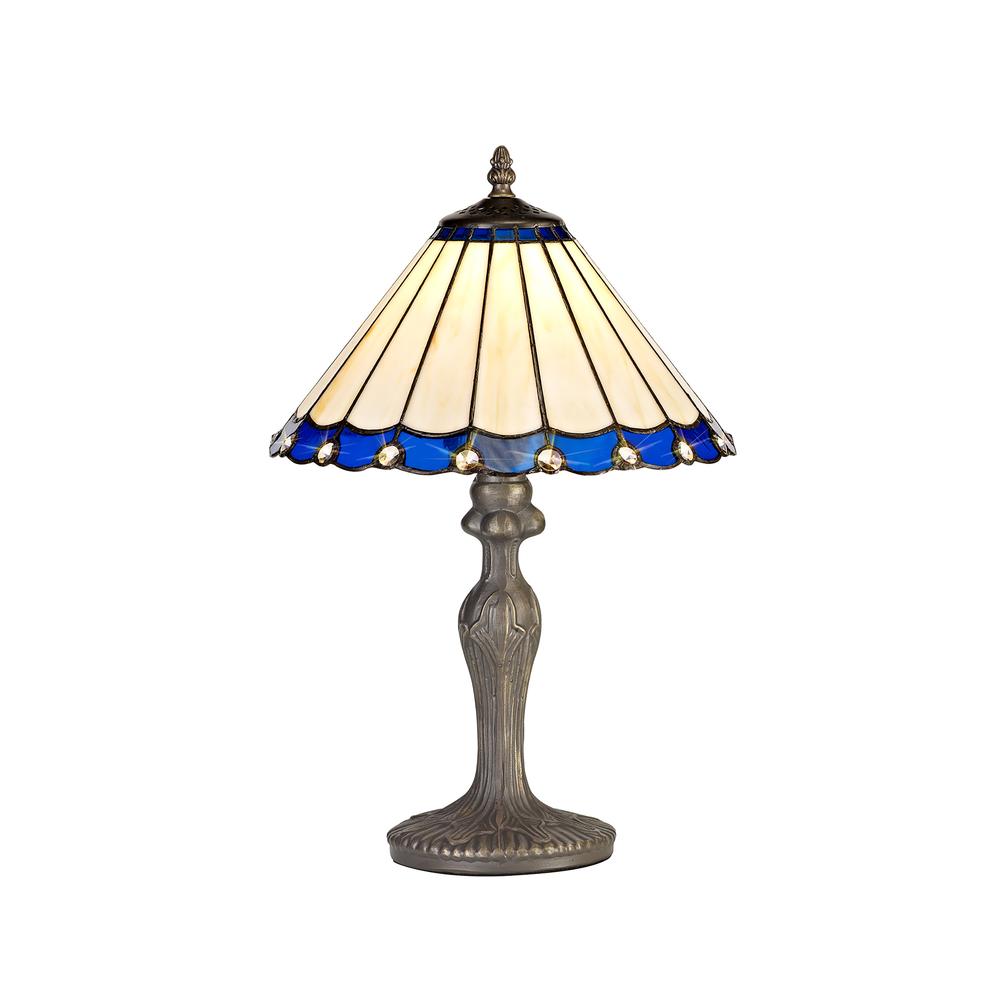 Luxuria Sleek 1 Light Curved Table Lamp E27 With 30cm Tiffany Shade Blue/Cream/Crystal/Aged Antique Brass