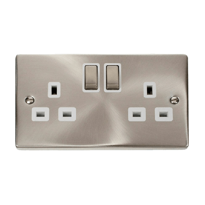 Click Deco 2 Gang 13A DP 'Ingot' Switched Socket Outlet (Twin Earth) Satin Chrome Insert White