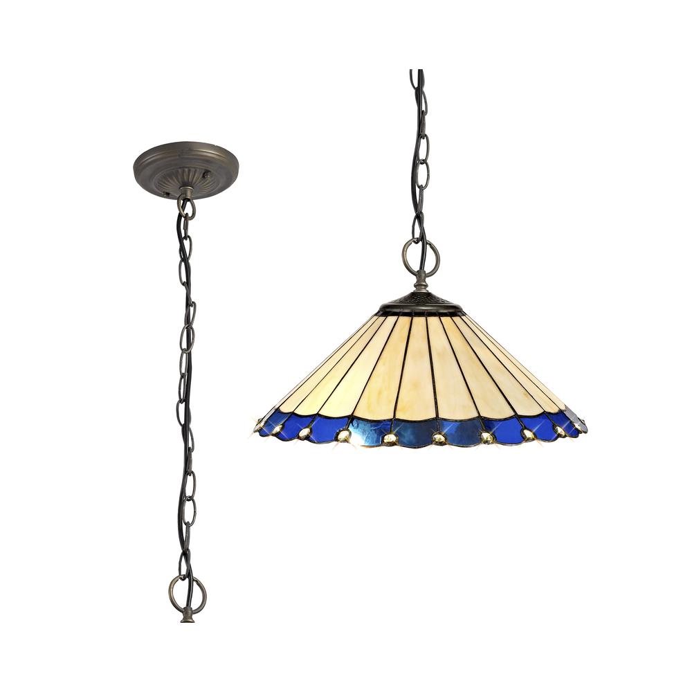 Luxuria Sleek 40.5cm 3 Light Downlighter Pendant E27 With 40cm Tiffany Shade Blue/Cream/Crystal/Aged Antique Brass