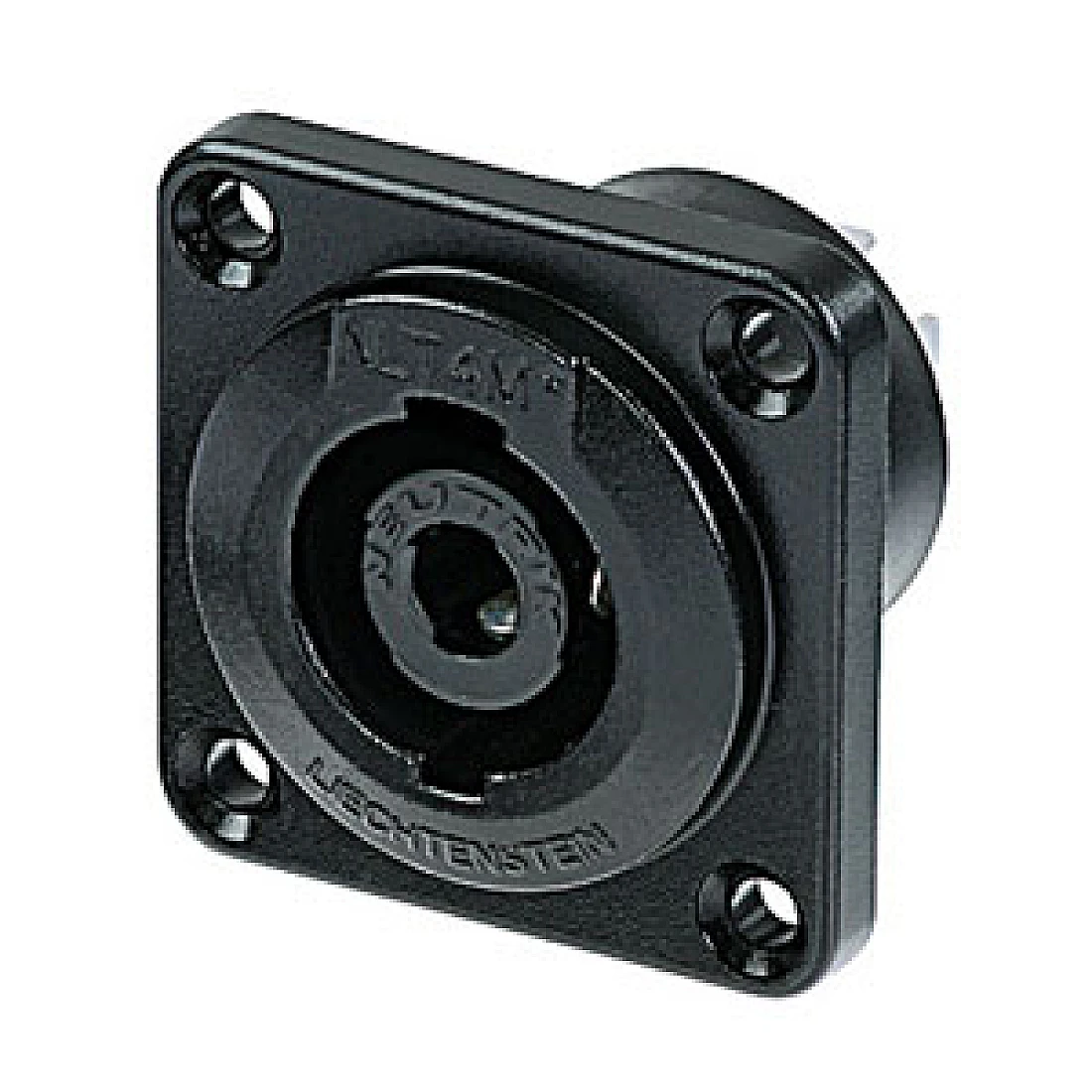 4 pole male chassis connector, black-chrome metal housing, solder or ¼" flat tabs
