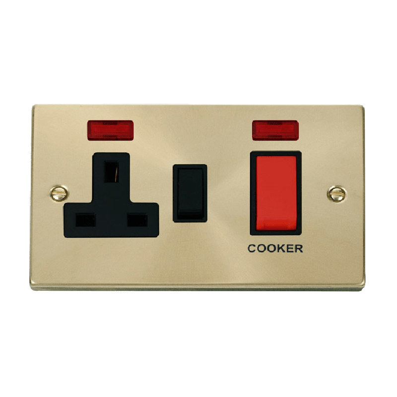 Click Deco 45A DP Switch with 13A Switched Socket and Neons Satin Brass Insert Black