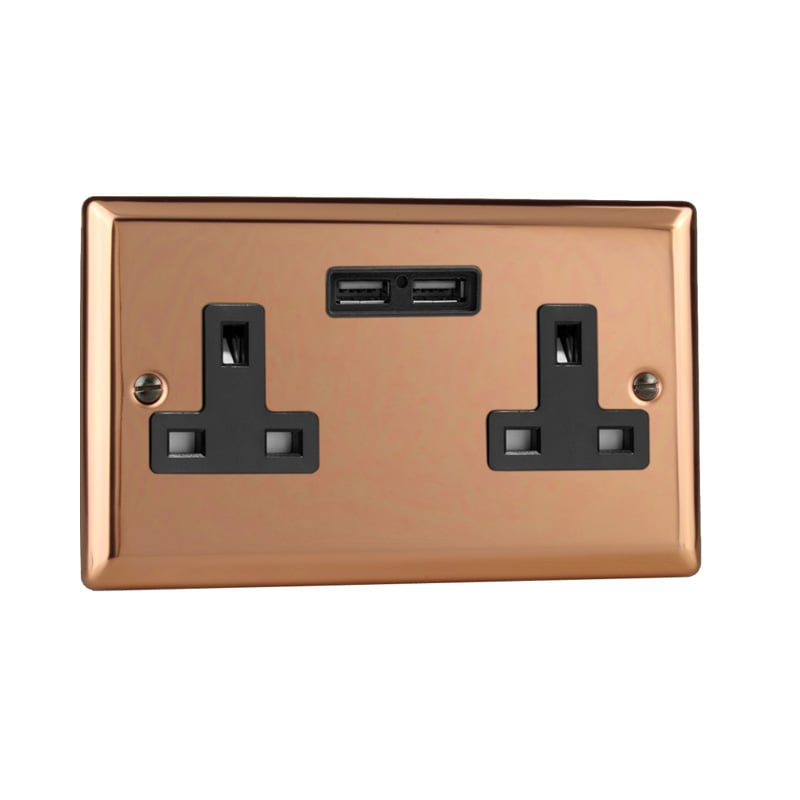 Varilight Urban 2G 13A Unswitched Socket with USB Charging Ports Polished Copper (Standard Plate)
