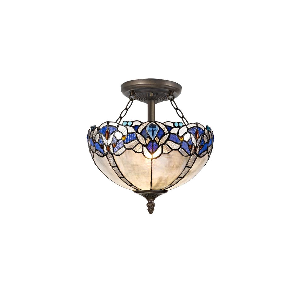 Luxuria Axis 2 Light Semi Flush E27 With 30cm Tiffany Shade Blue/Clear Crystal/Aged Antique Brass