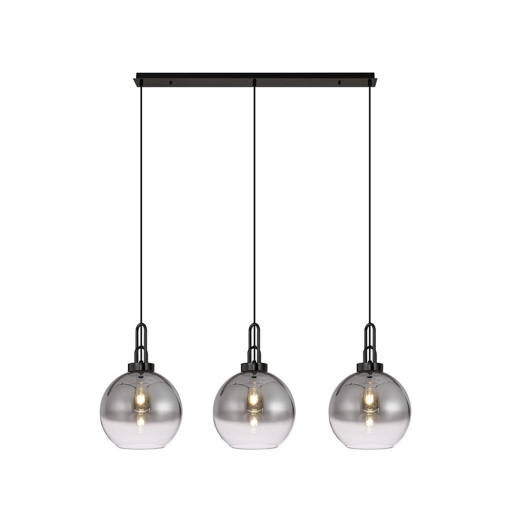 Luxuria Kennith Linear 3 Light Pendant E27 With 30cm Globe Glass Smoked/Clear Black Chrome/Matt Black