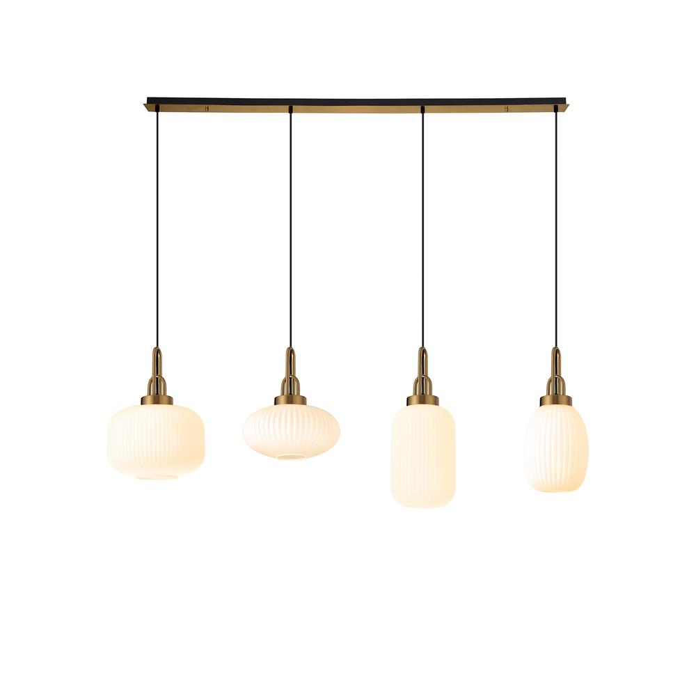 Luxuria Kennith Linear Pendant 4 Light E27 With Various Glasses Brass Gold / Opal / Matt Black