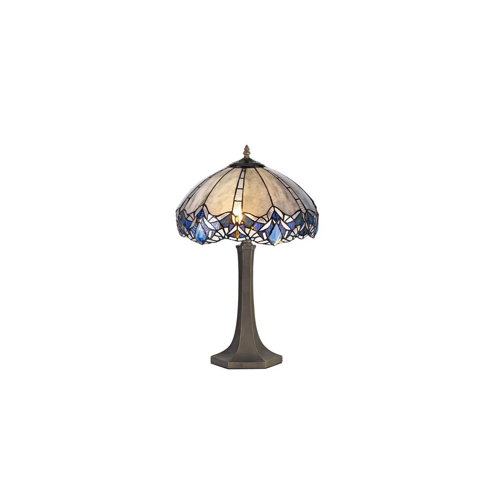 Luxuria Axis 2 Light Octagonal Table Lamp E27 With 40cm Tiffany Shade Blue/Clear Crystal/Aged Antique Brass