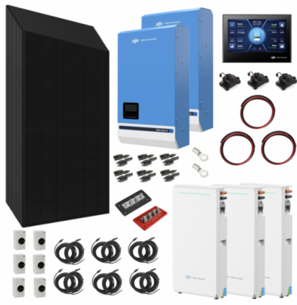 TBB Power 20.64Kw 48V Complete Off-Grid Solar Power System With 48 X 430W Sharp Solar Panels, 3 X 5Kw TBB Power Riiosun Hybrid Inverter And 3 X TBB Power Ps10 210Ah Batteries