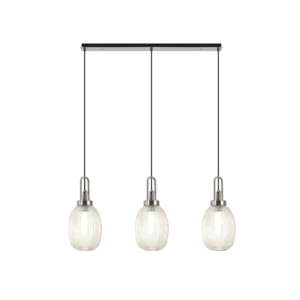 Luxuria Kennith Linear 3 Light Pendant E27 With 20cm Almond Ribbed Glass Champagne Polished Nickel/Matt Black