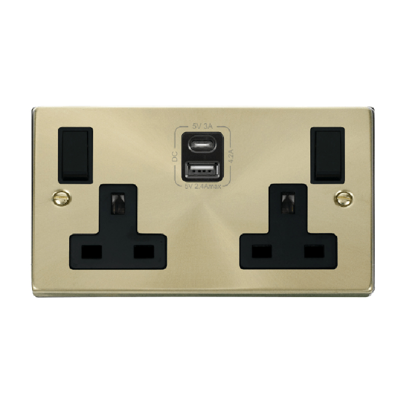 Click Deco 2G 13A Switched Socket With Type A & C USB 4.2A Outlets Satin Brass Insert Black