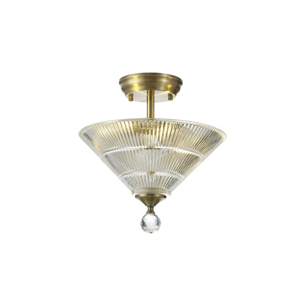 Luxuria Sirius Flush Ceiling Light 2xE27 With Cone 30cm Glass Shade Antique Brass/Clear