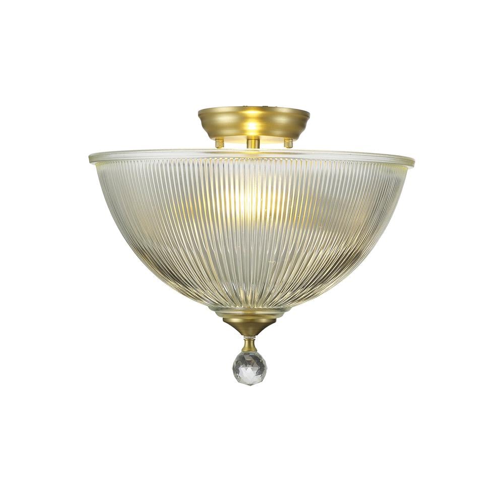 Luxuria Sirius Flush Ceiling Light 2xE27 With Dome 38cm Glass Shade Satin Gold/Clear