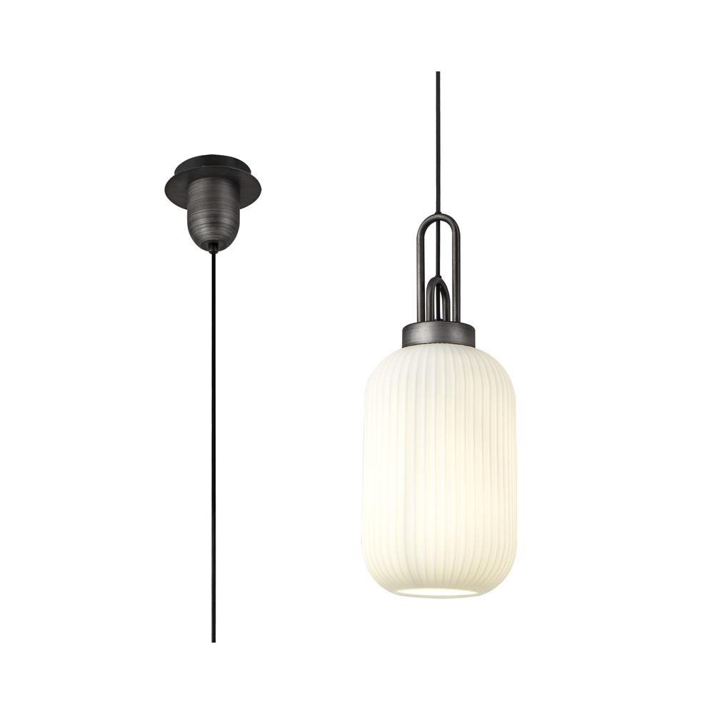 Luxuria Kennith Pendant Light E27 20cm Tubular Ribbed Glass Opal Black/Aged Pewter