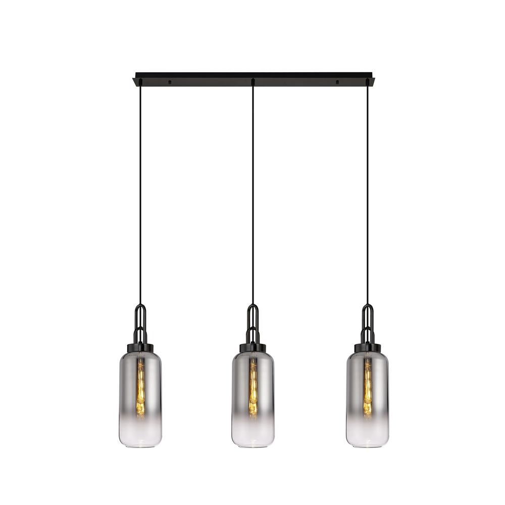 Luxuria Kennith Linear 3 Light Pendant E27 With 16cm Cylinder Glass Smoked/Clear Black Chrome/Matt Black