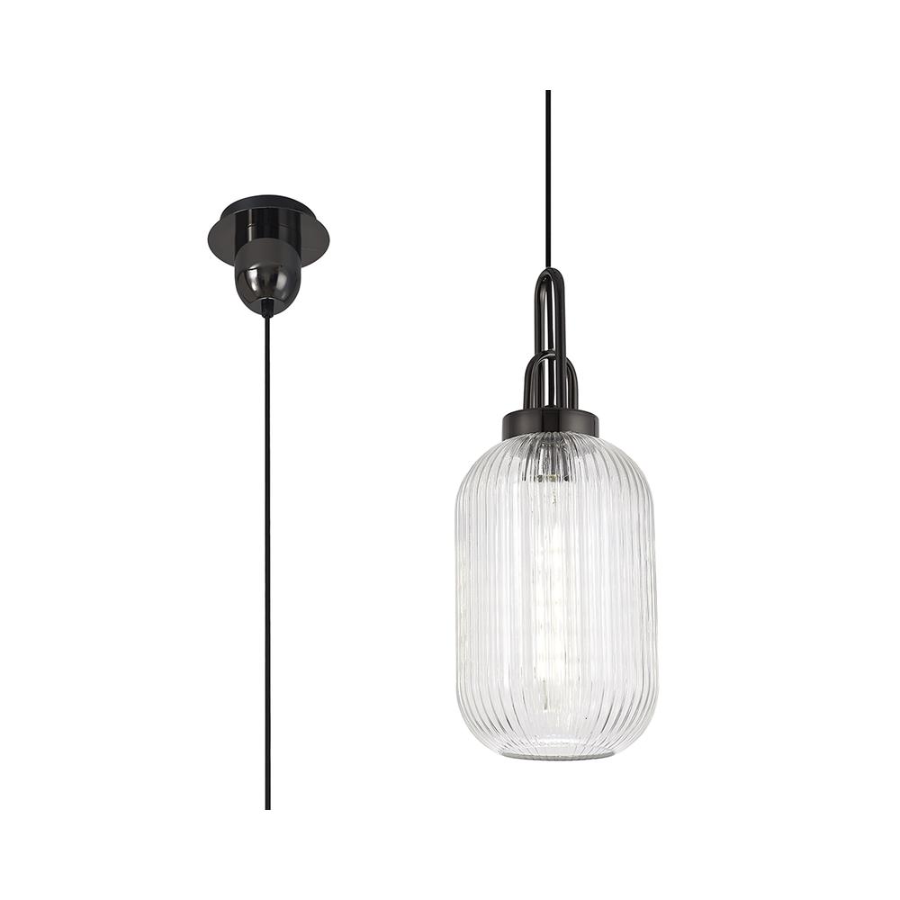 Luxuria Kennith Pendant Light E27 With 20cm Tubular Ribbed Glass Clear Black Chrome/Matt Black