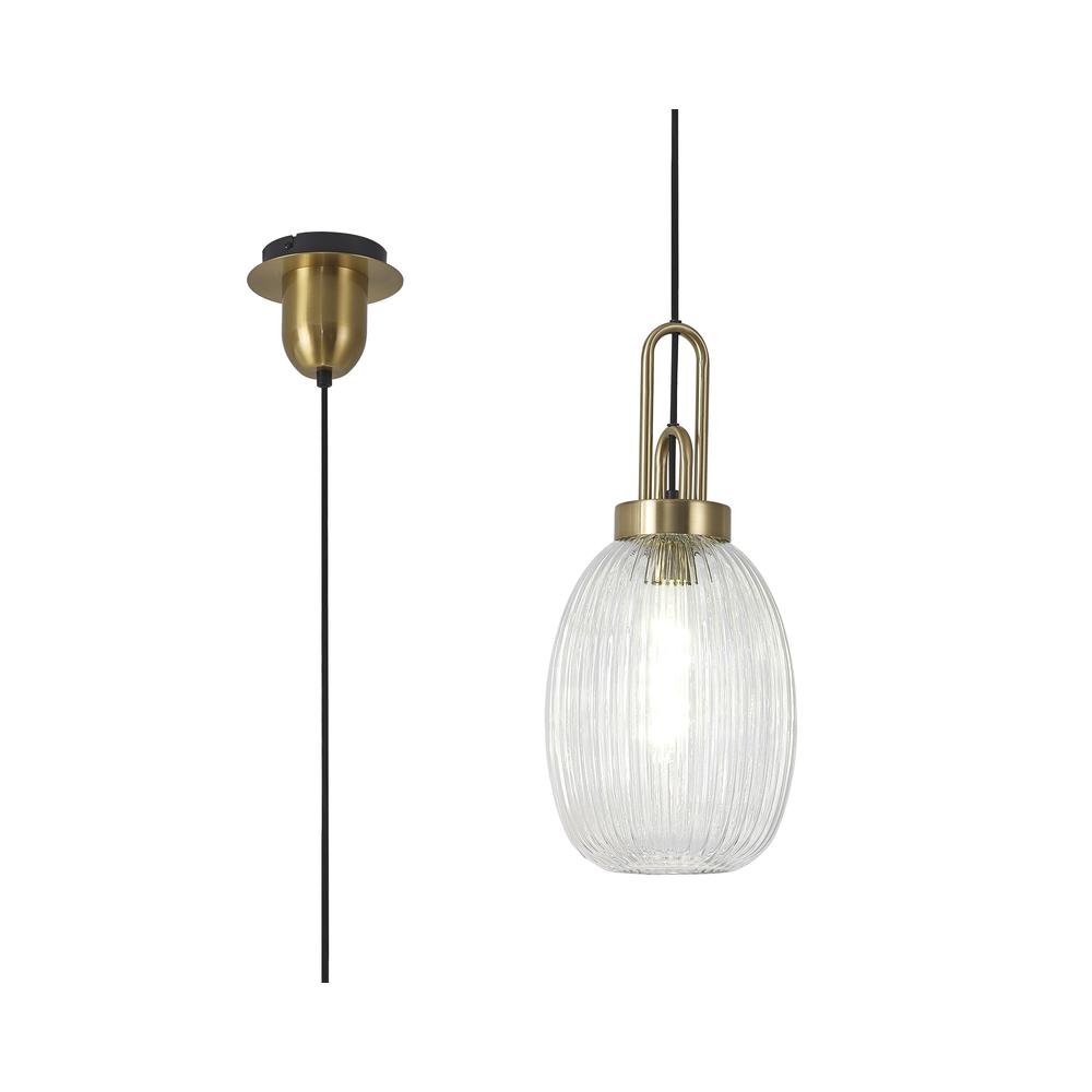 Luxuria Kennith Pendant Light E27 With 20cm Almond Ribbed Glass Clear Brass Gold/Matt Black